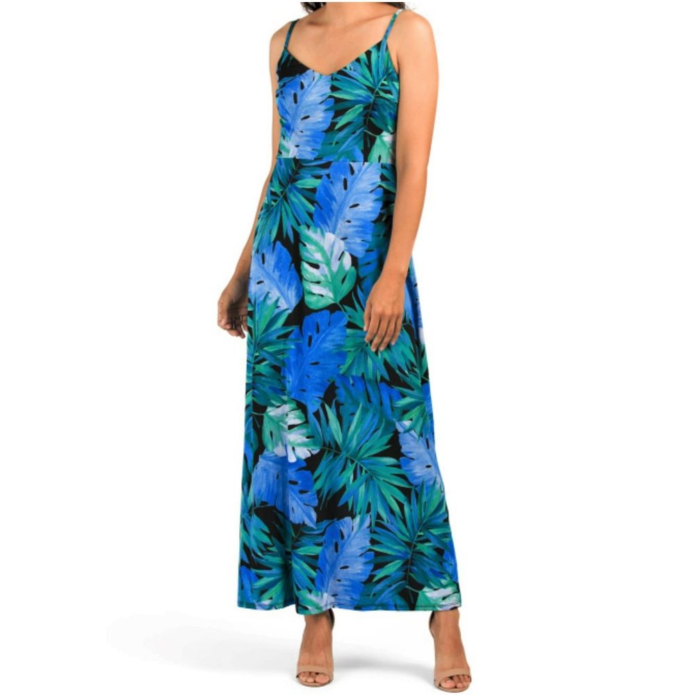 Tropical Blue Leaf Maxi Dress - Sleeveless V-Neck